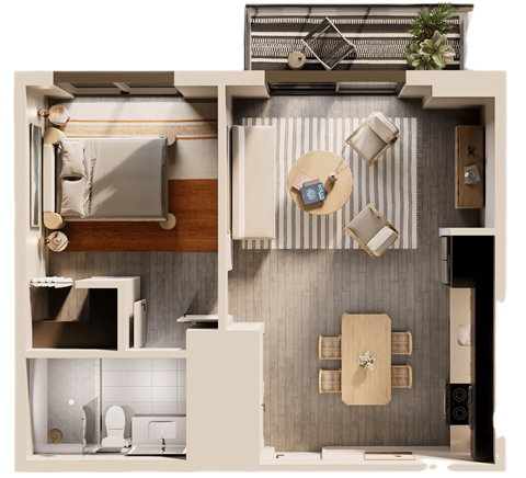 A modern, minimalist interior design of a small apartment with a kitchen, living room, and bathroom.